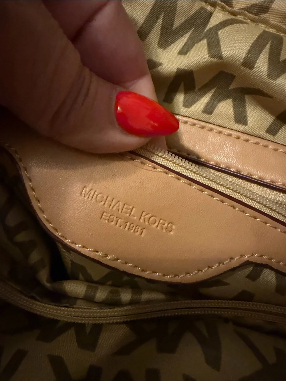 Michael Kors Beige Logo Tote with Tan Leather Straps and Gold Accents